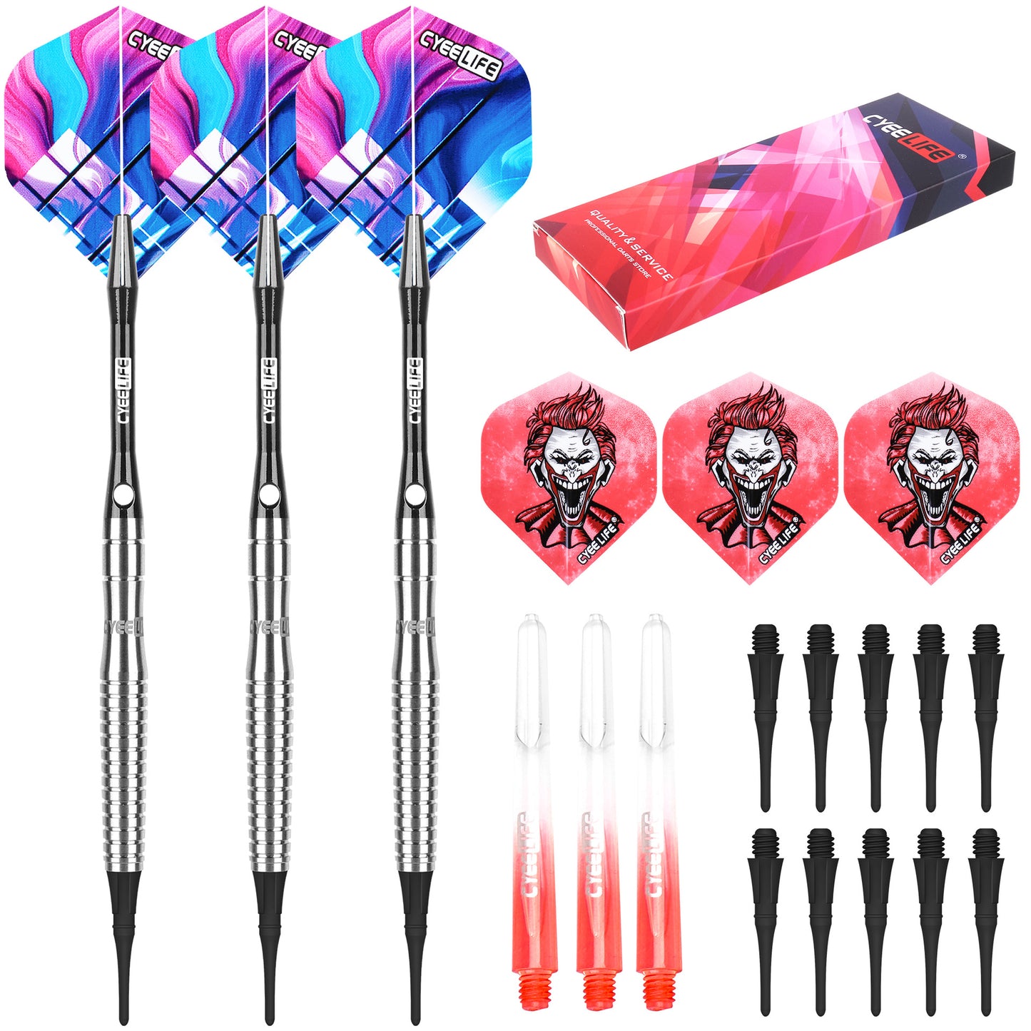 CyeeLife 16g/18g/20g 90% Tungsten Soft Tip Dart Set with PC Shafts & Flights (2BA)