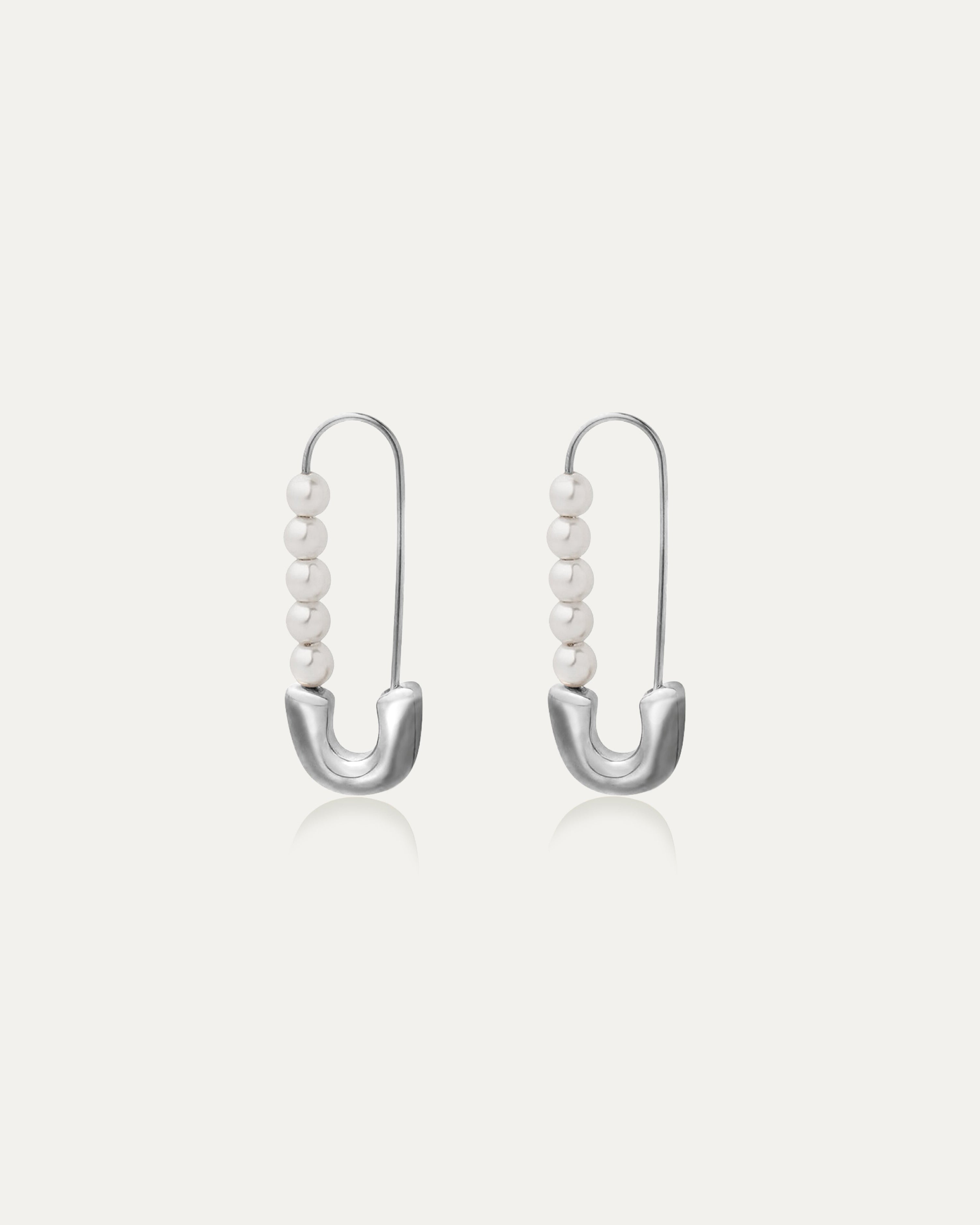 Pearl Silver Safety Pin Earrings