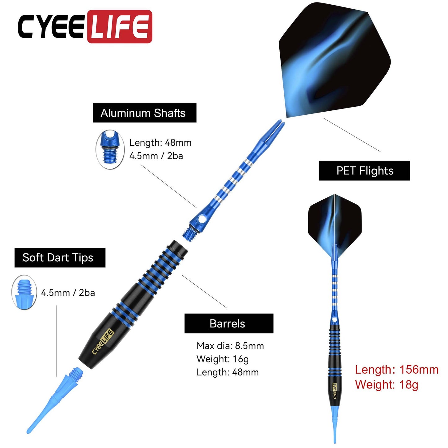 CyeeLife CyeeLife 16g Brass Soft Tip Dart Set with Colorful Grooves