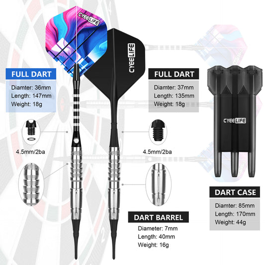 CyeeLife 16g 90% Tungsten Soft Tip Dart Set with Case, Aluminum Shafts & Tool (2BA)
