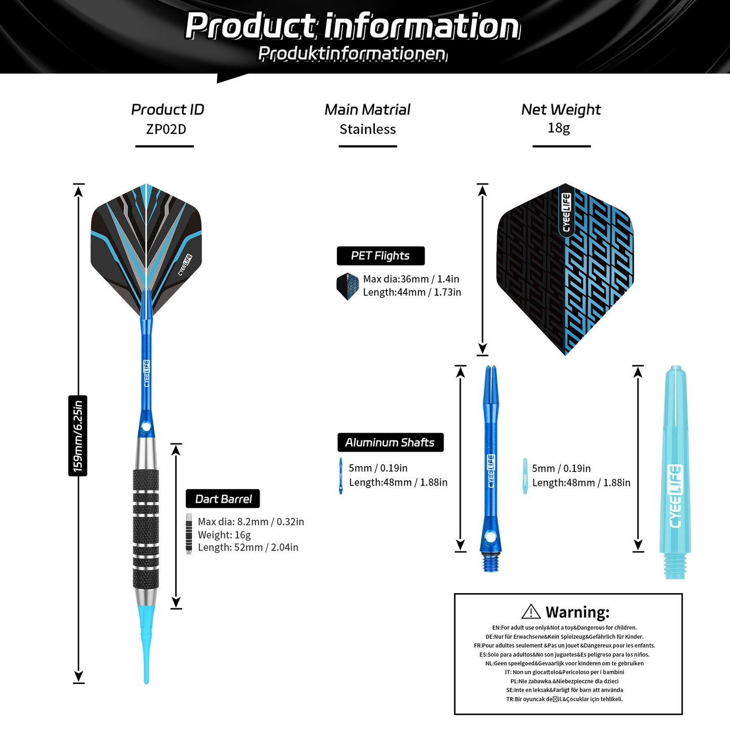 CyeeLife CyeeLife 3-Piece 18g Stainless Steel Soft Tip Dart Set with PC & Aluminum Shafts