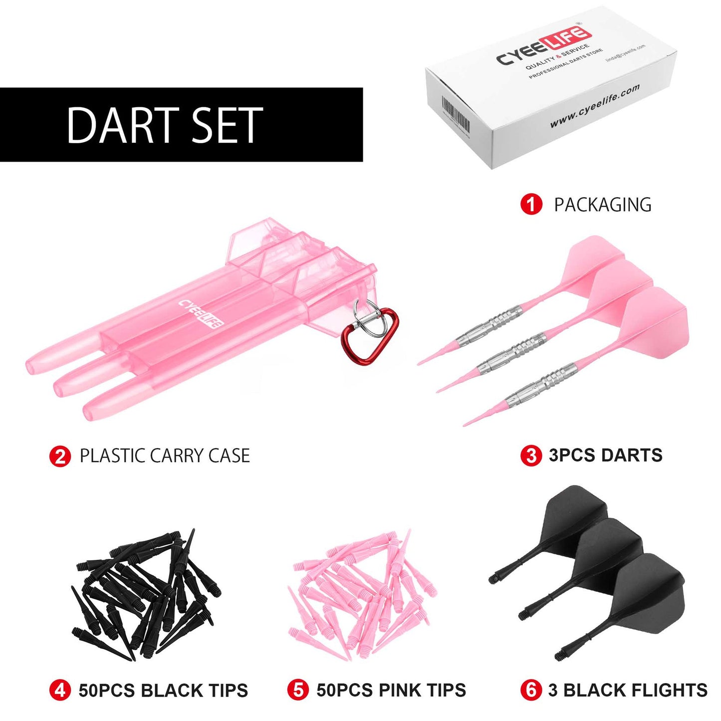 CyeeLife 16g 90% Tungsten Pink Soft Tip Dart Set with Case & Aluminum Shafts (2BA)