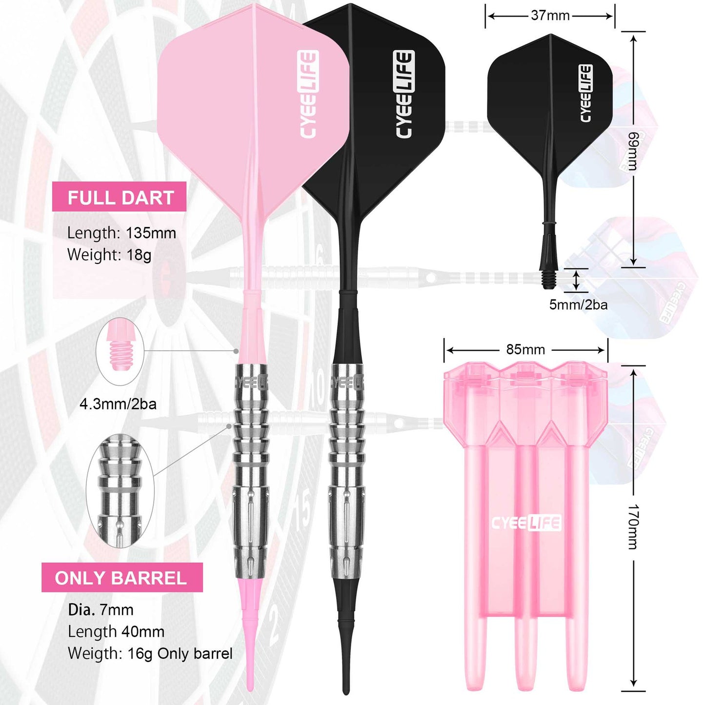 CyeeLife 16g 90% Tungsten Pink Soft Tip Dart Set with Case & Aluminum Shafts (2BA)
