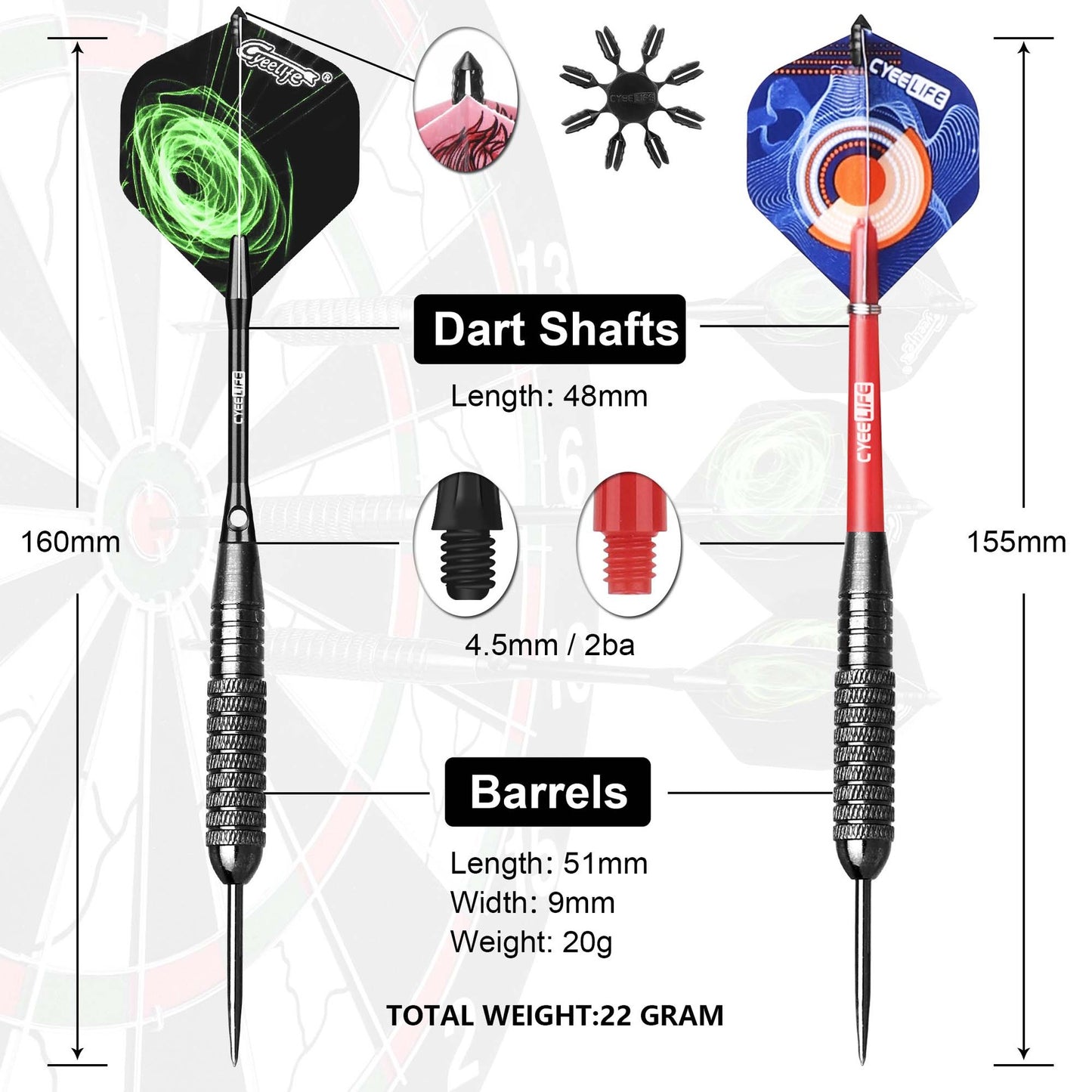 CyeeLife CyeeLife 3-Piece 20g Steel Tip Dart Set with Case, Aluminum Shafts & Flights