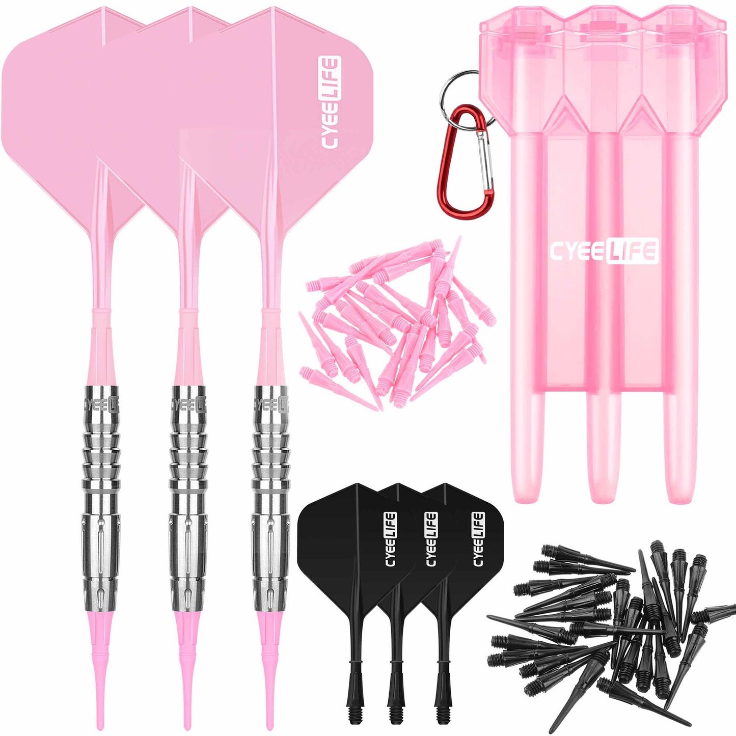 CyeeLife 16g 90% Tungsten Pink Soft Tip Dart Set with Case & Aluminum Shafts (2BA)