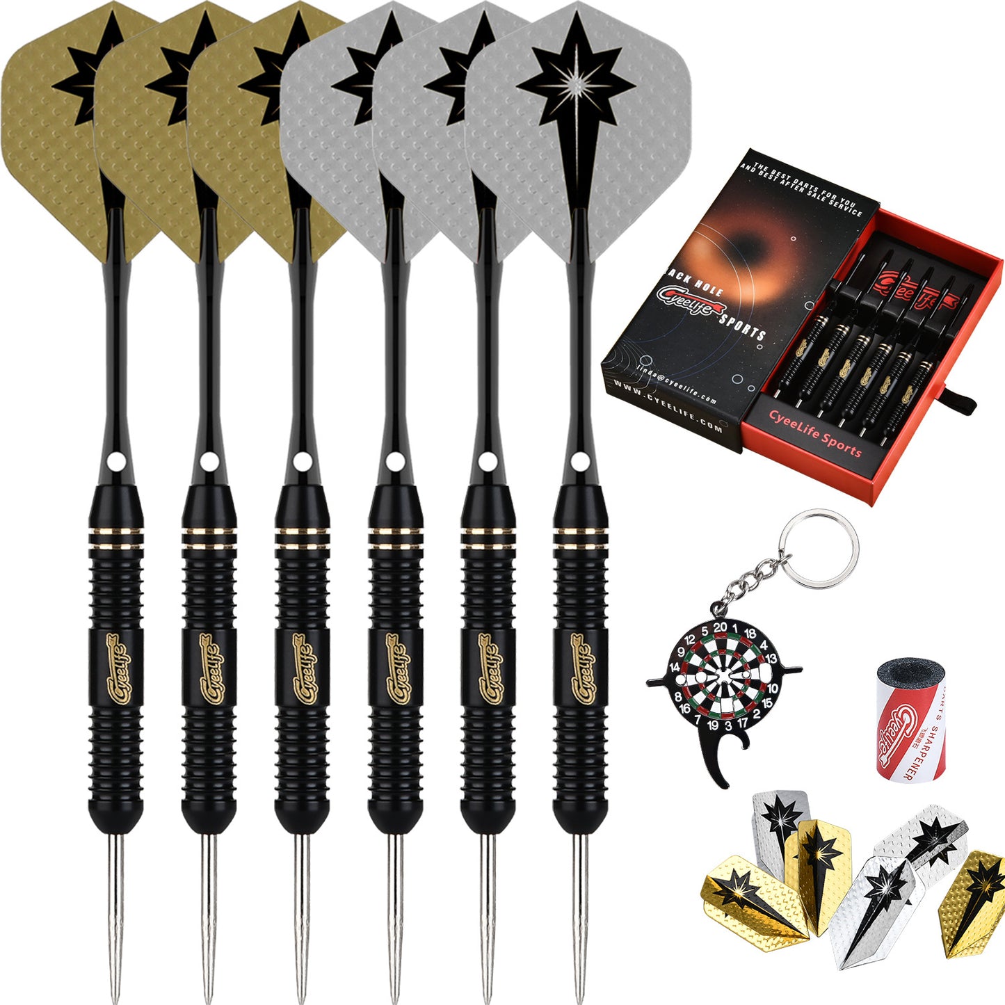 CyeeLife 6-Piece 22g Brass Steel Tip Dart Set