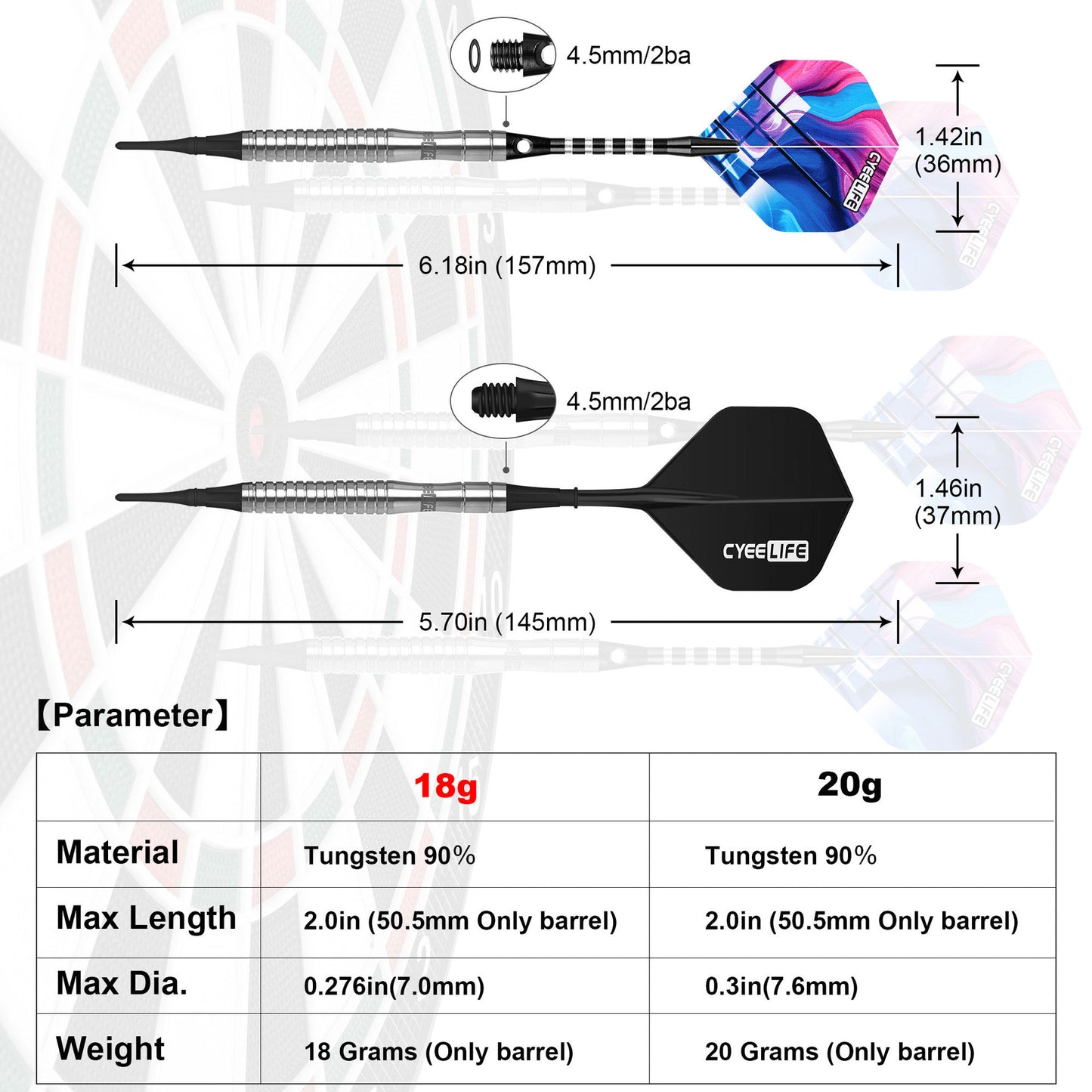 CyeeLife CyeeLife 3-Piece 90% Tungsten Soft Tip Dart Set (2BA)