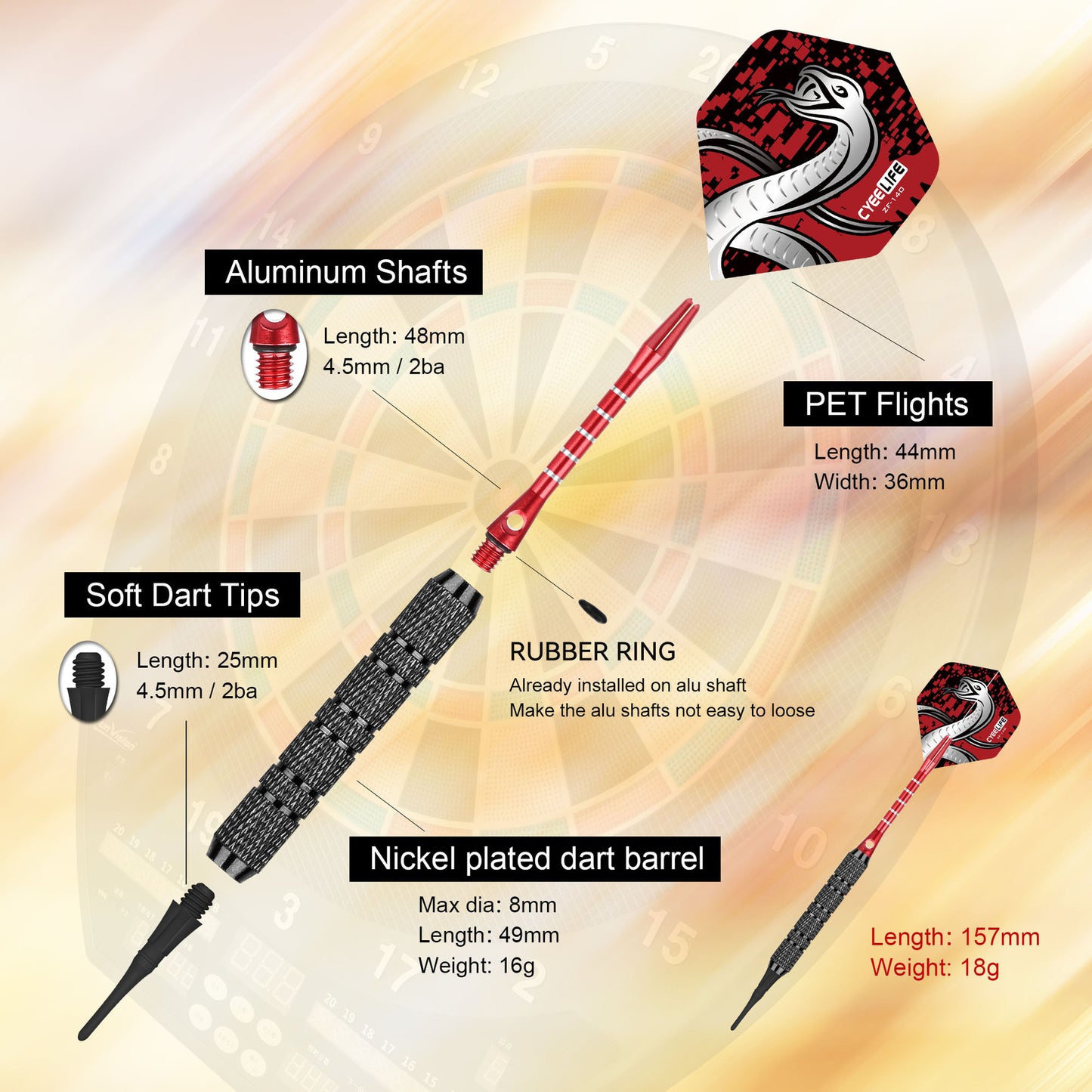 CyeeLife CyeeLife 3-Piece 18g Soft Tip Dart Set with Black Barrels