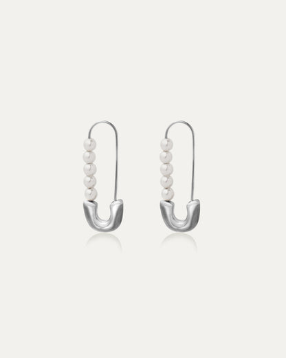 Pearl Silver Safety Pin Earrings