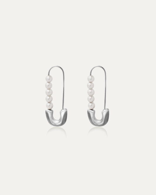 Pearl Silver Safety Pin Earrings